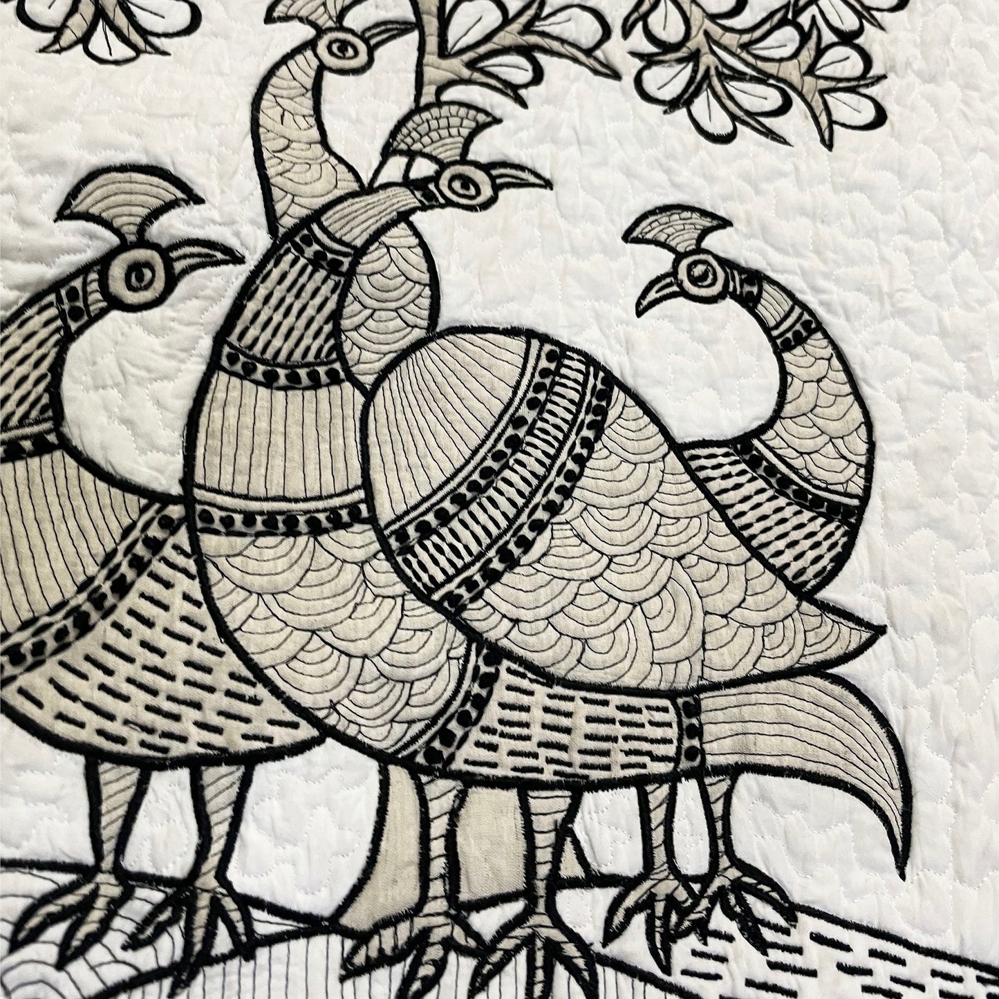 Quilted Textile WALL ART, Gondal art Peacocks, black and white and beige, 20X26 inches - Vliving