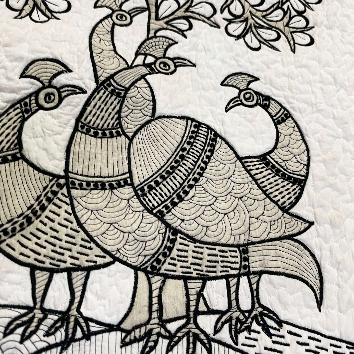 Quilted Textile WALL ART, Gondal art Peacocks, black and white and beige, 20X26 inches - Vliving