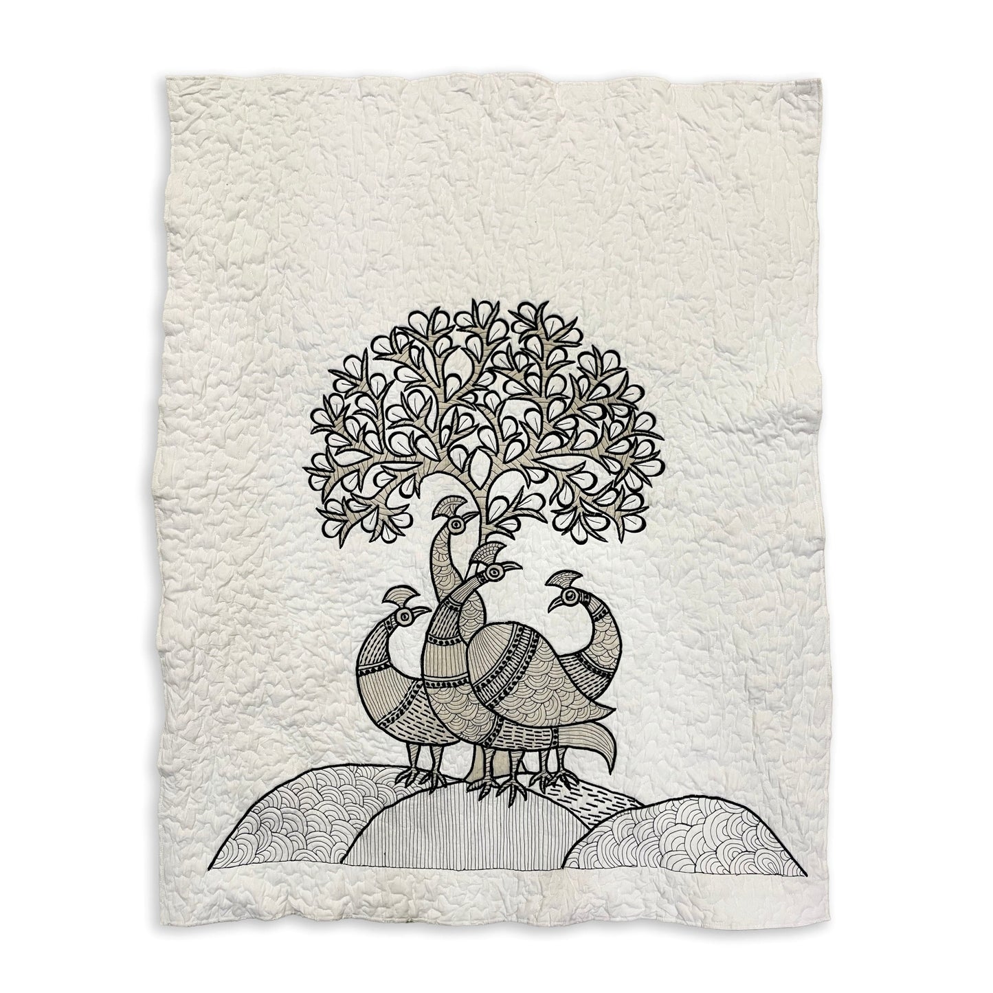 Quilted Textile WALL ART, Gondal art Peacocks, black and white and beige, 20X26 inches - Vliving