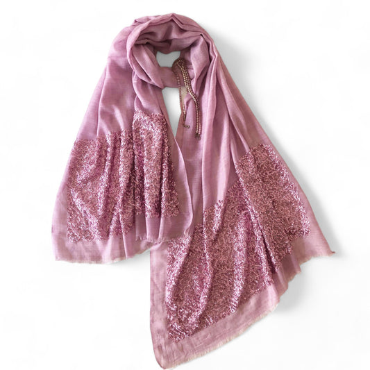 Scarf - Light Mauve fine wool with sequin border