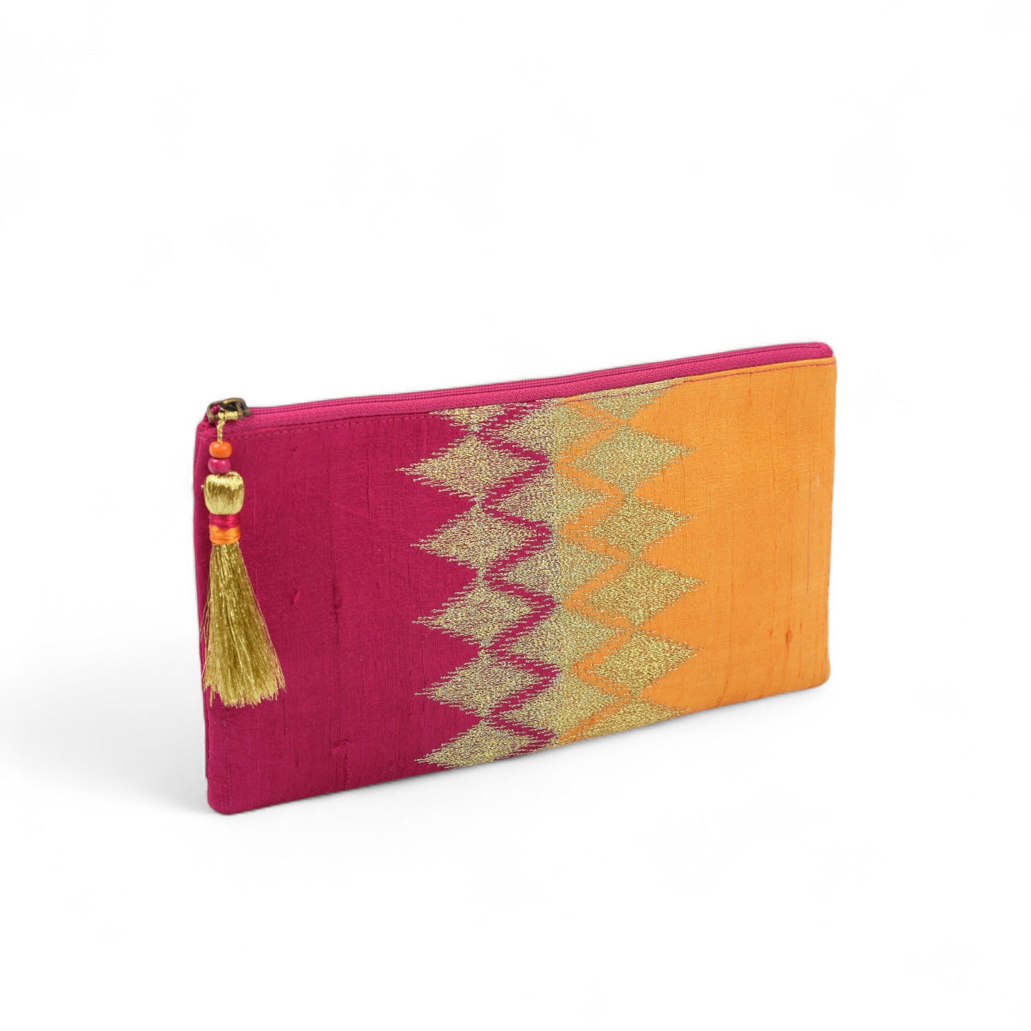 Ikat clutch - hot pink & orange evening purse in pure silk with ikat like embroidery in gold