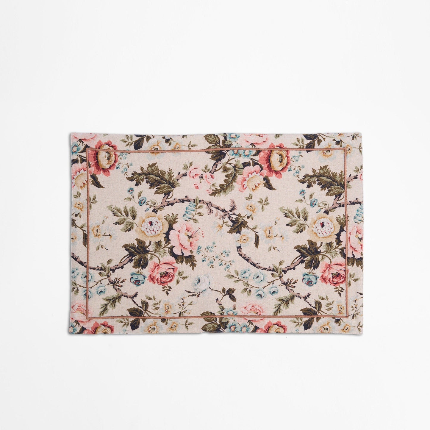 AMOUR - Beige linen cotton Placemat with vintage rose print , 13X19 inches
