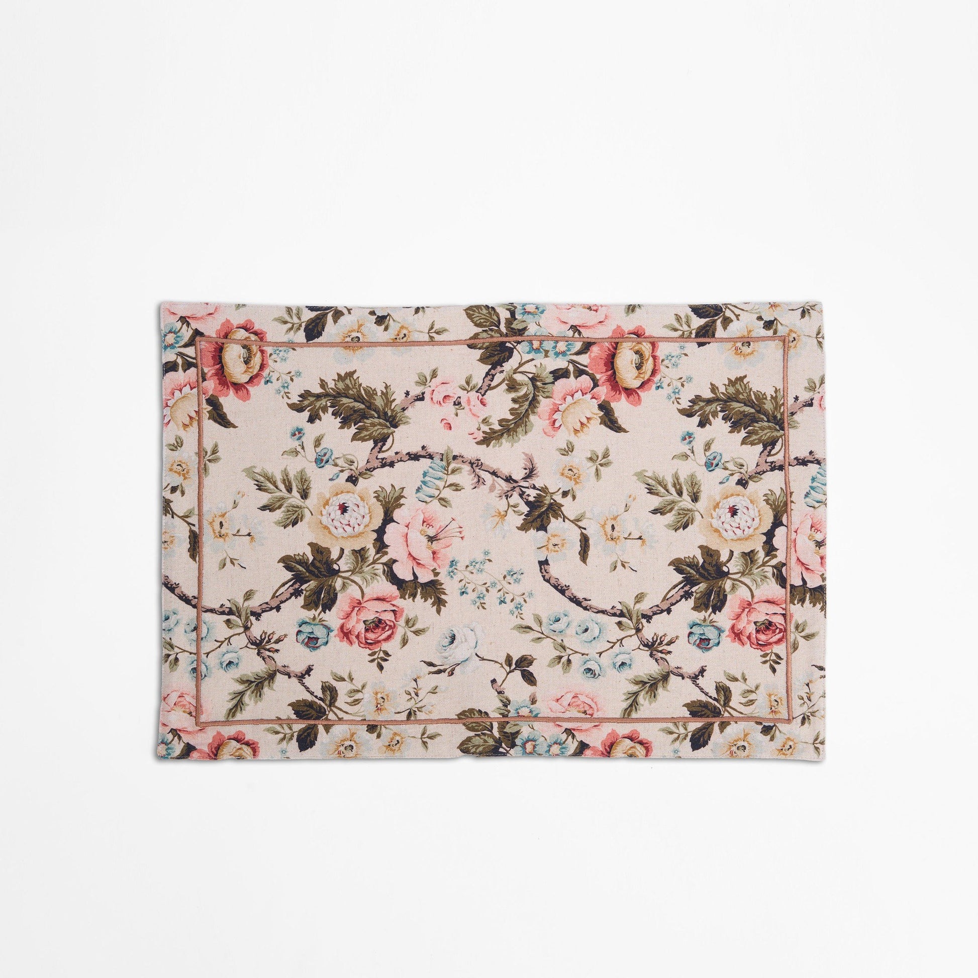 AMOUR - Beige linen cotton Placemat with vintage rose print , 13X19 inches