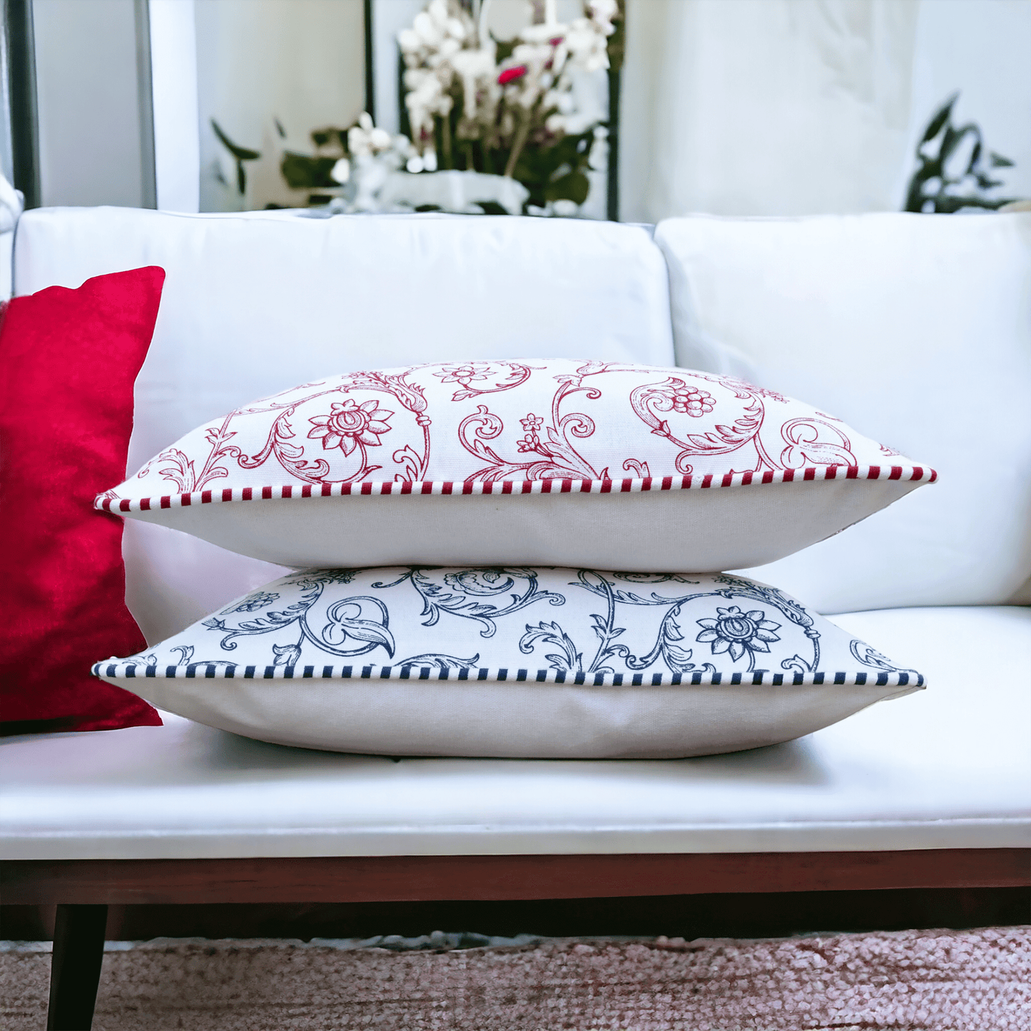 Red Swirl print pillow, cotton, welted pillow, victorian pattern, standard size 16X16 inches, other sizes available