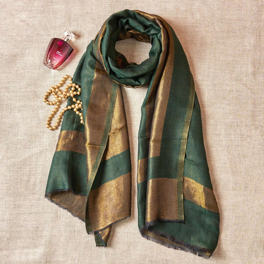 Green fine wool scarf with gold zari border, reversible autumn winter stole