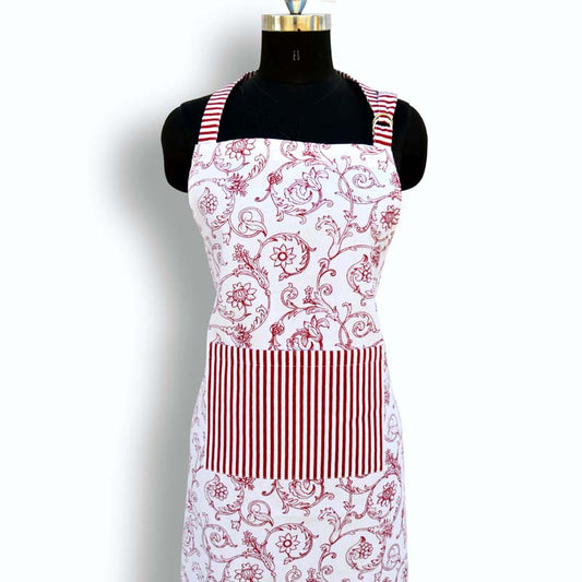 Apron, red swirl print, victorian pattern, kitchen accessory