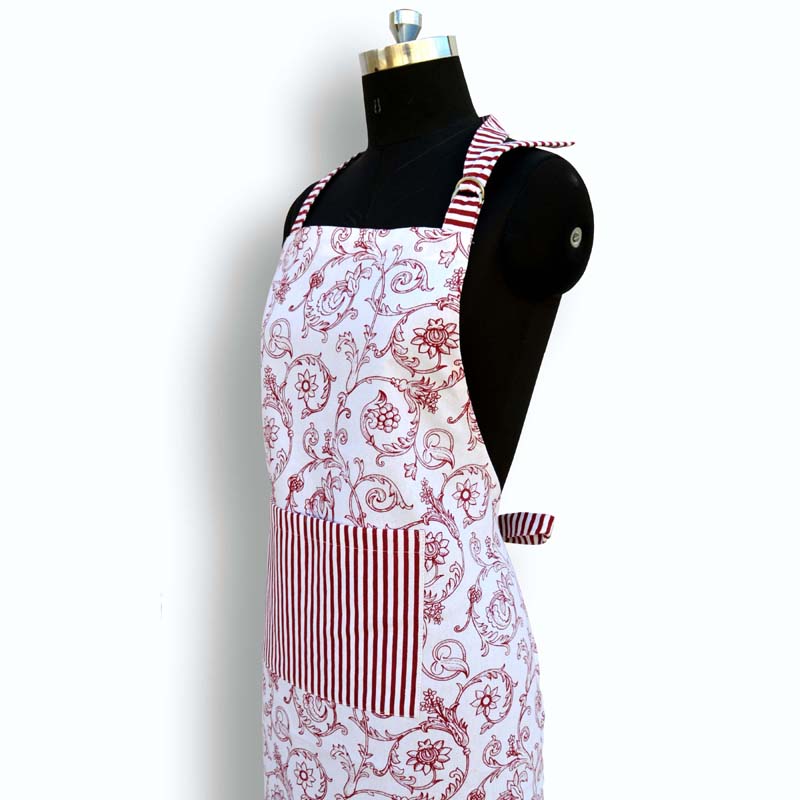 Apron, red swirl print, victorian pattern, kitchen accessory