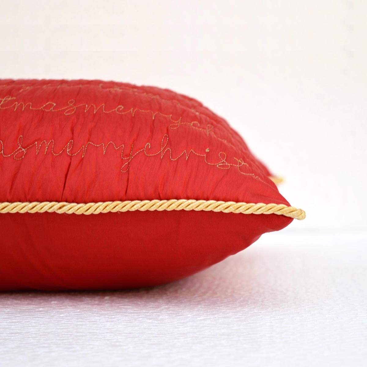Christmas pillow cover, red and gold, script, merry Christmas, quilted, embroidered cushion cover