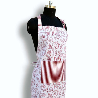 Apron, red swirl print, victorian pattern, kitchen accessory