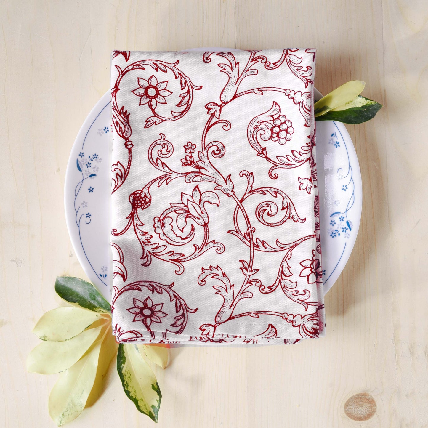 SWIRL RED cotton Table napkin, swirl victorian print on white