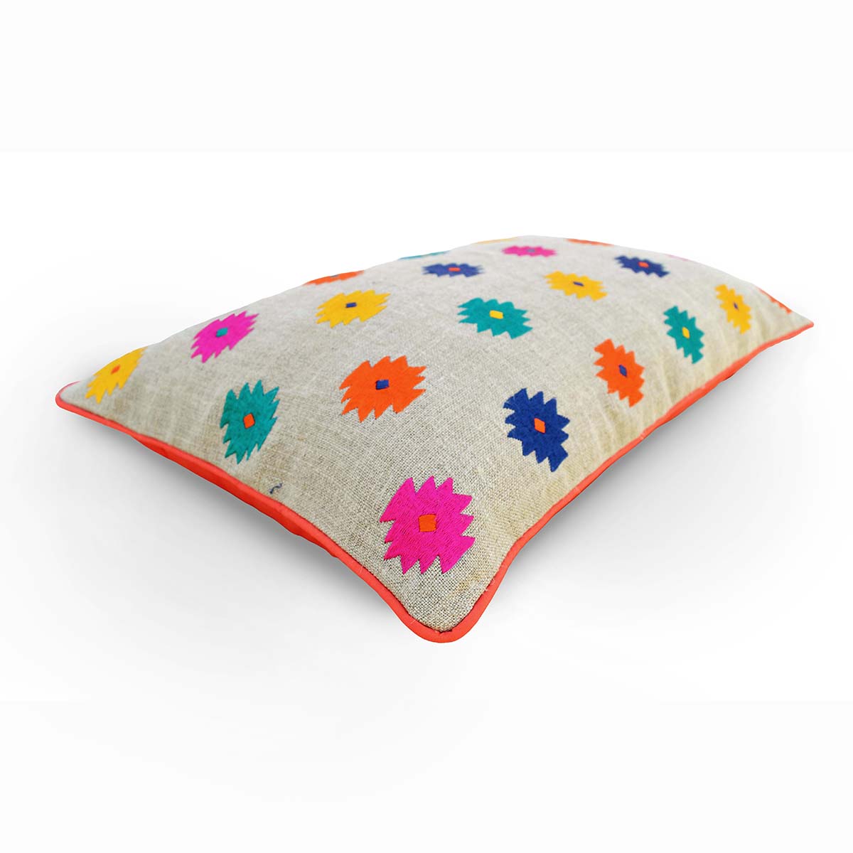 Folk - Colourful bohemian linen pillow cover, embroidered with kilim, peruvian patterns