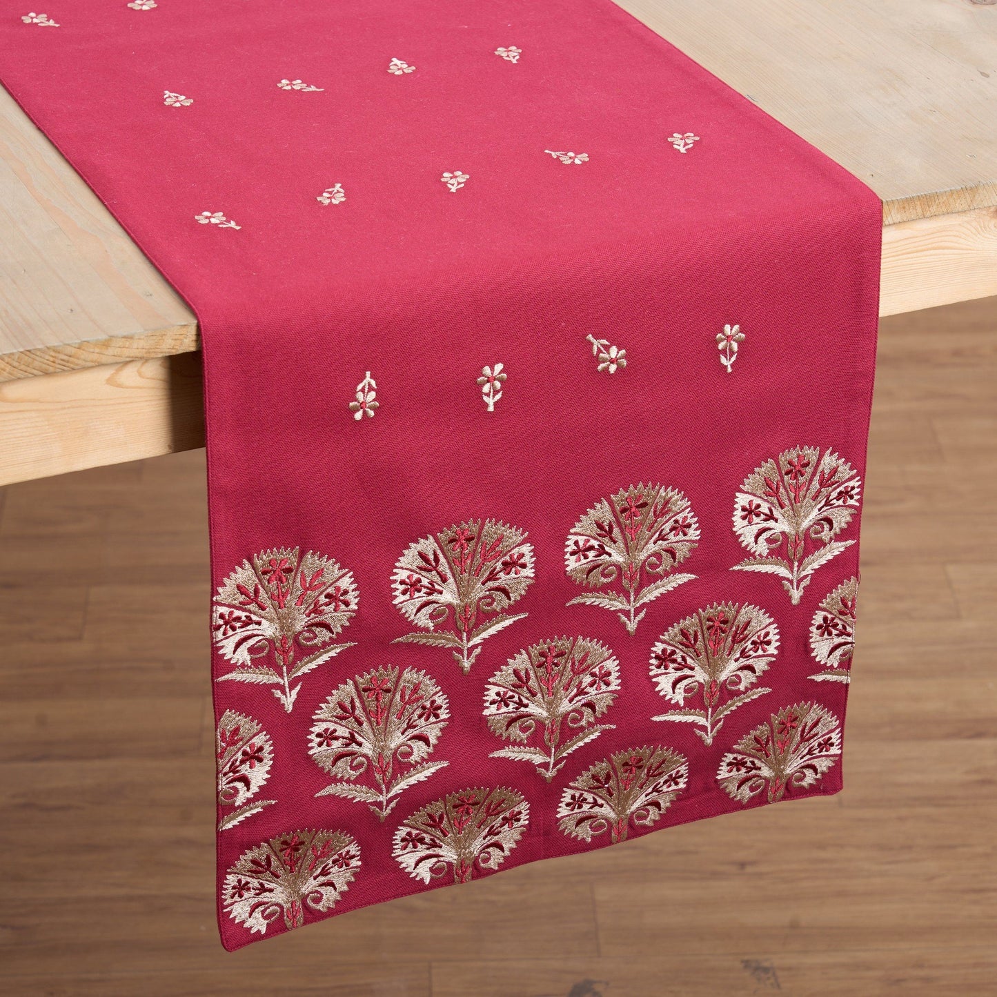 KASHIDAKAARI - Maroon Table runner, embroidered floral suzani pattern