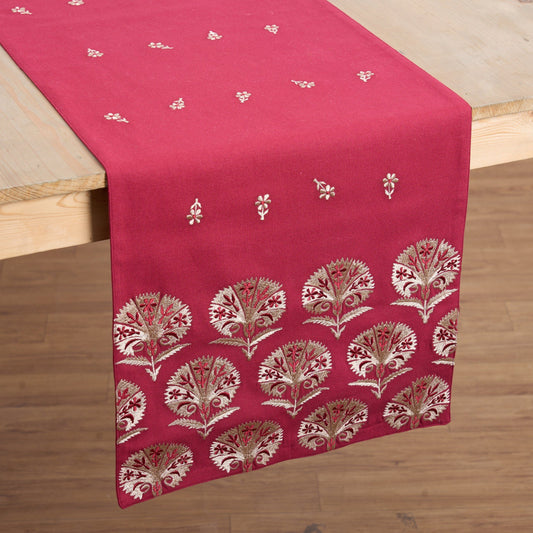 KASHIDAKAARI - Maroon Table runner, embroidered floral suzani pattern