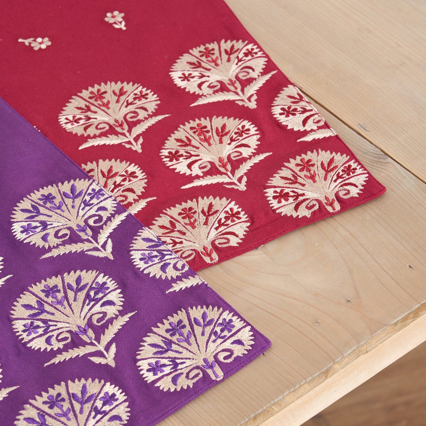 KASHIDAKAARI - Maroon Table runner, embroidered floral suzani pattern