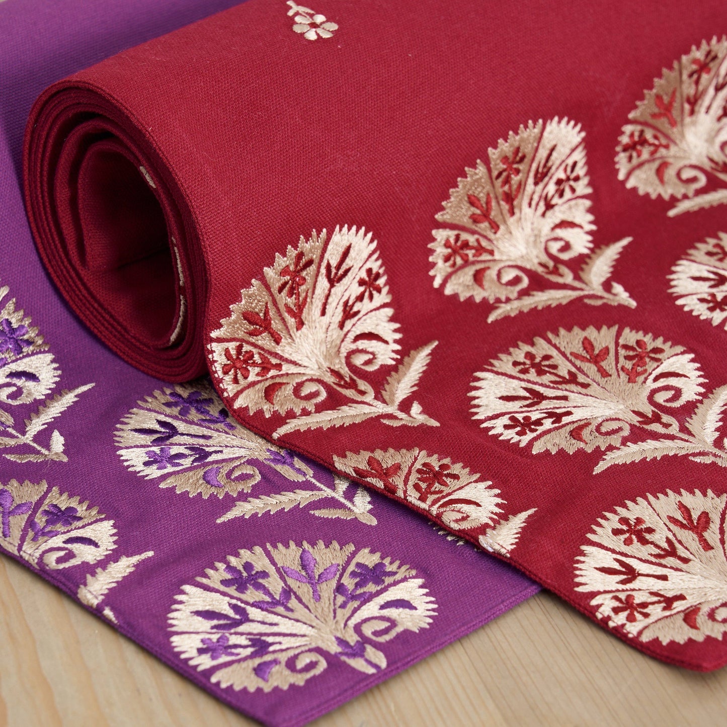KASHIDAKAARI - Maroon Table runner, embroidered floral suzani pattern