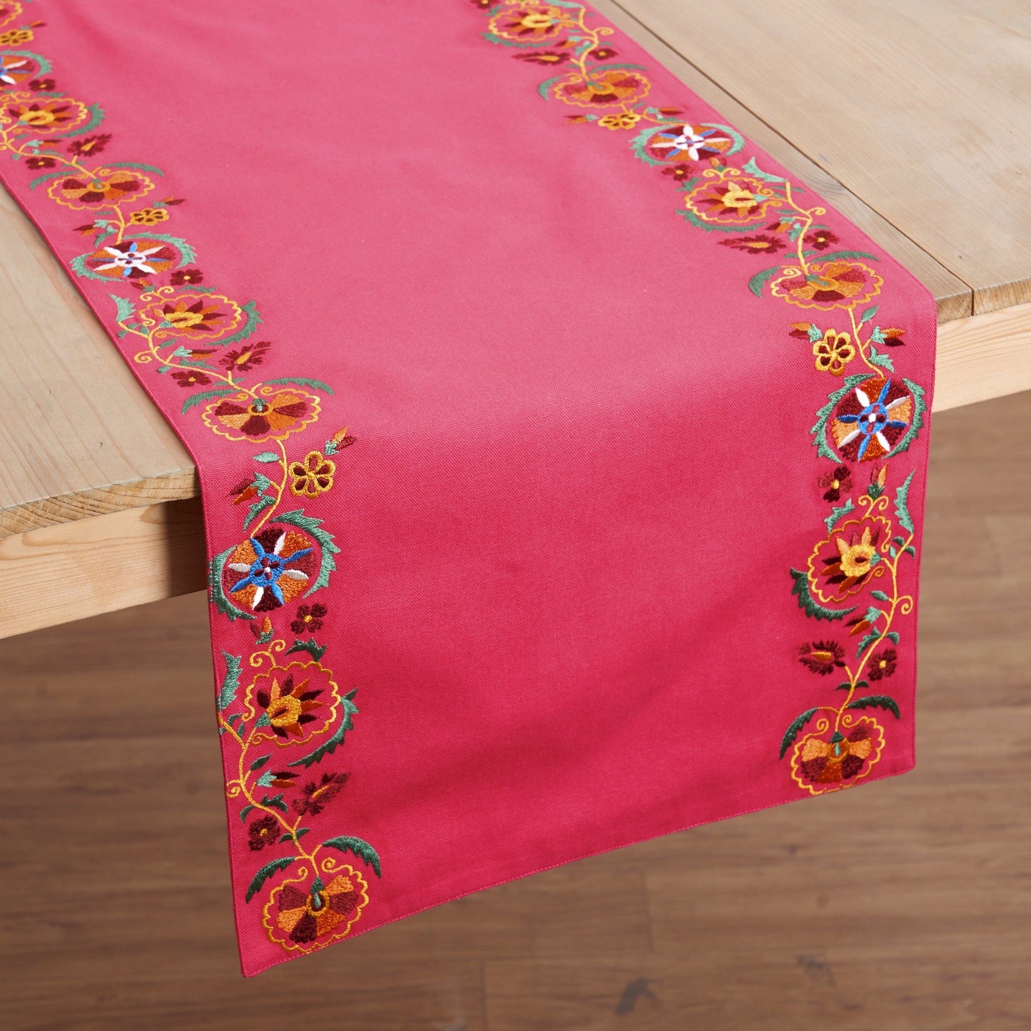 KASHIDAKAARI - Coral Red Table runner, embroidered floral suzani pattern