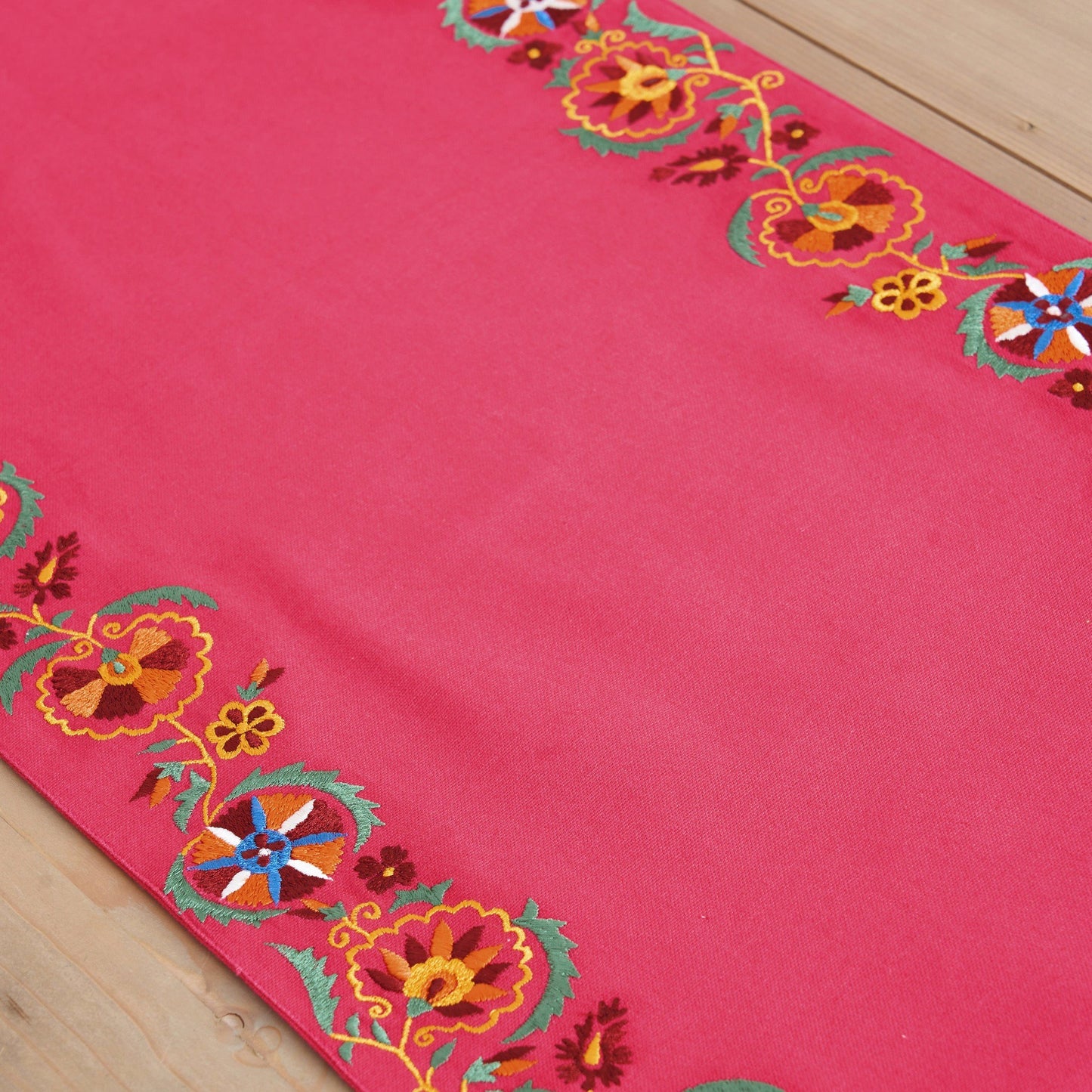 KASHIDAKAARI - Coral Red Table runner, embroidered floral suzani pattern