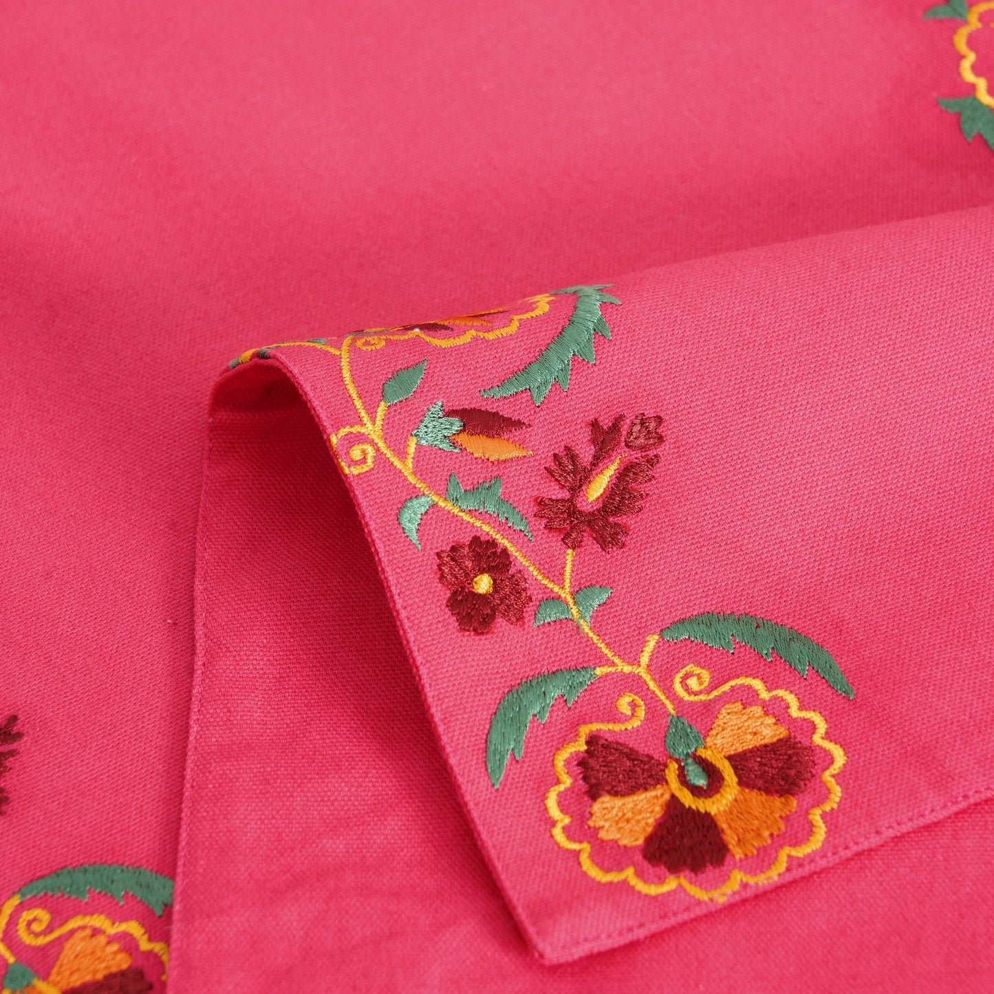 KASHIDAKAARI - Coral Red Table runner, embroidered floral suzani pattern