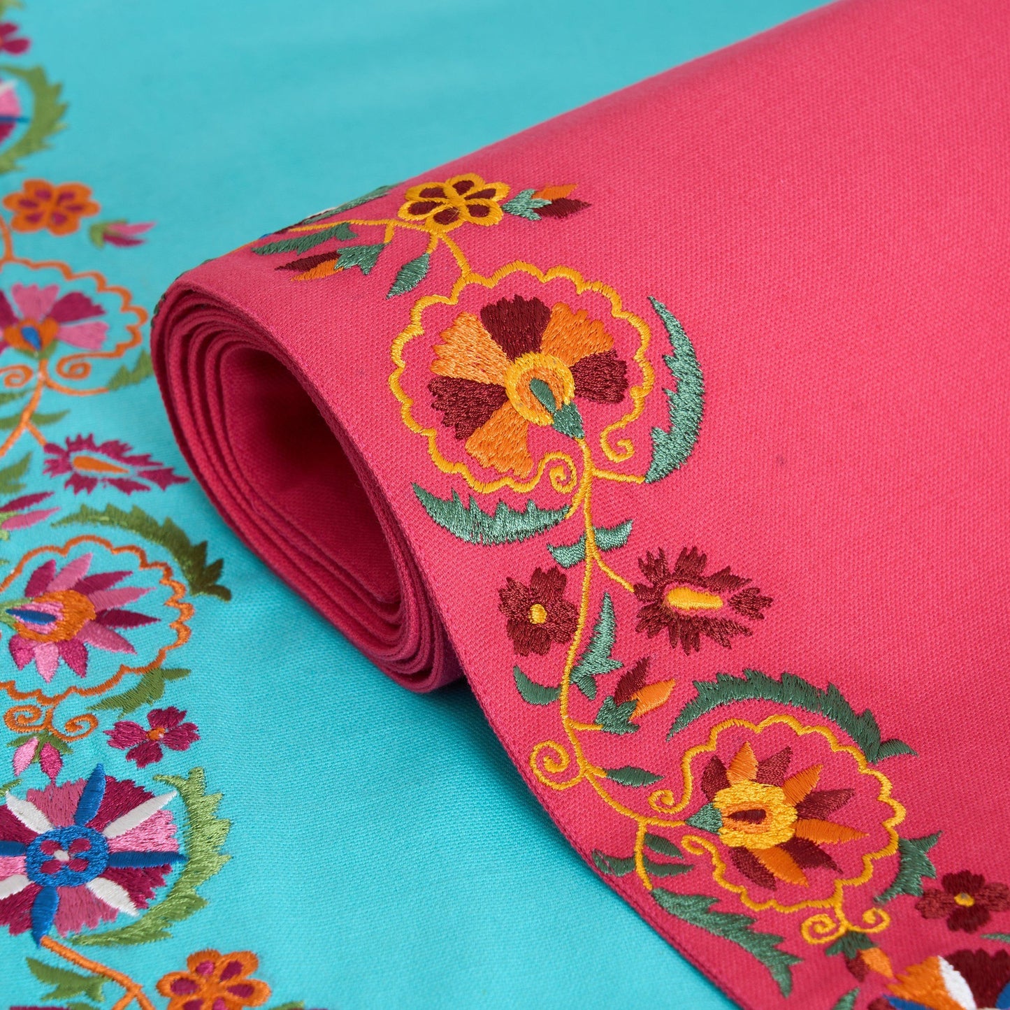 KASHIDAKAARI - Coral Red Table runner, embroidered floral suzani pattern