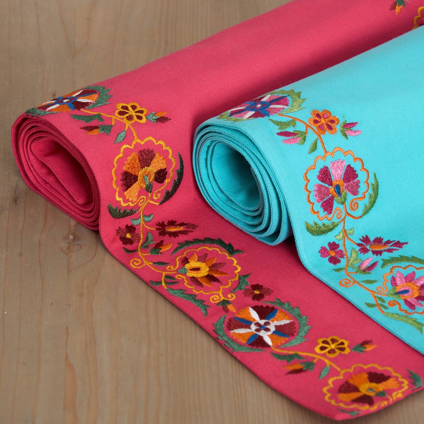 KASHIDAKAARI - Coral Red Table runner, embroidered floral suzani pattern