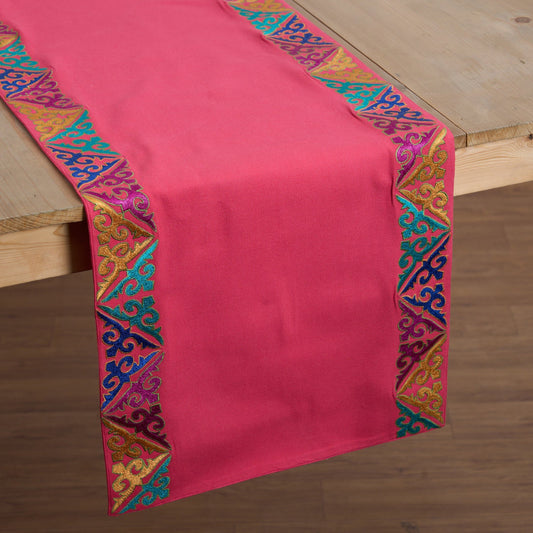 KASHIDAKAARI - Coral Red Table runner, embroidered geometrical pattern