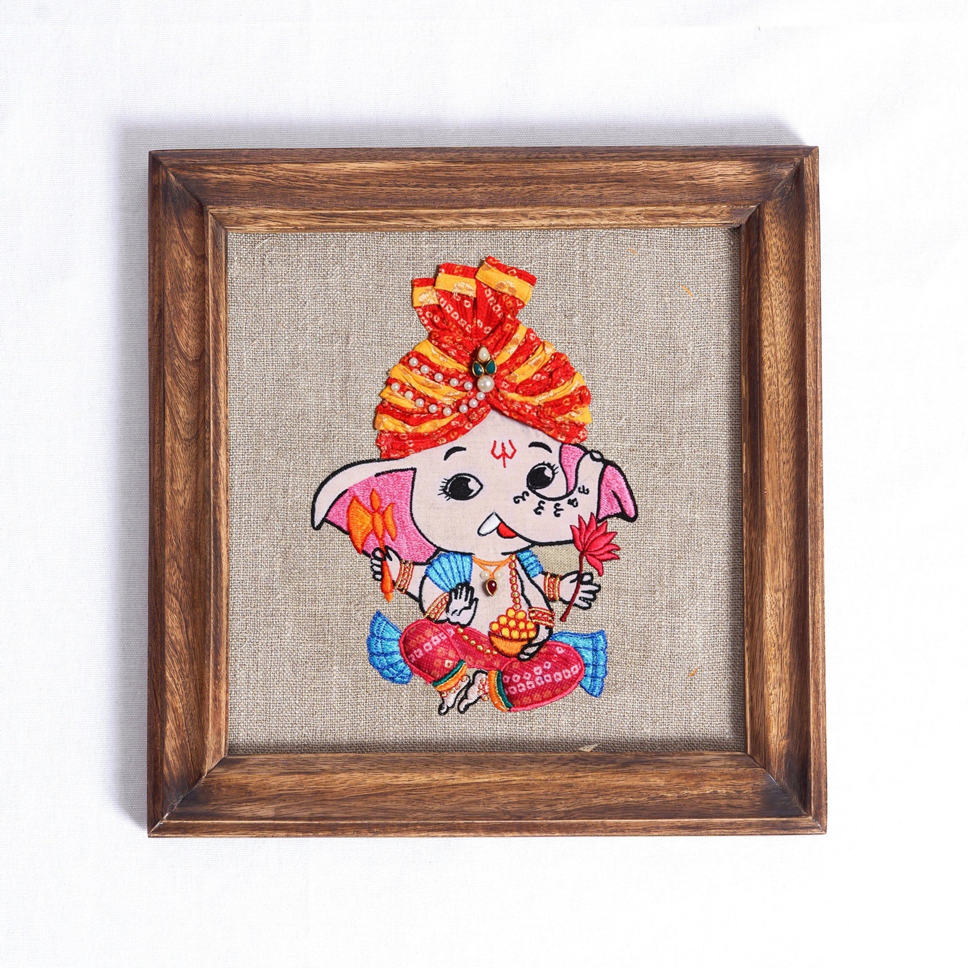 BABY GANESHA WALL ART - Embroidery & appliqued on Hoop or wooden frame.