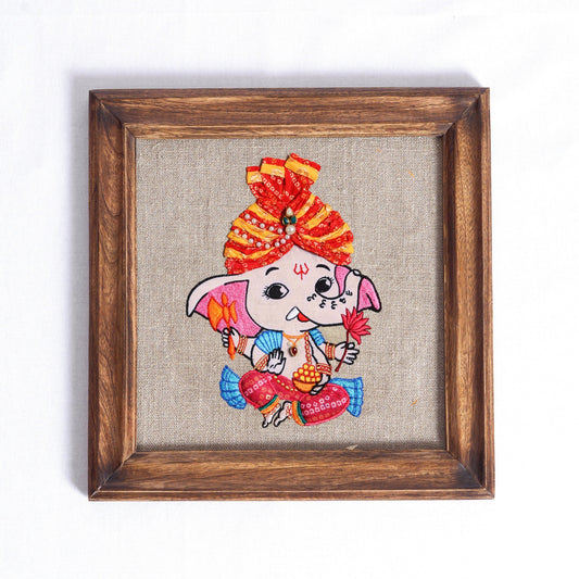 BABY GANESHA WALL ART - Embroidery & appliqued on Hoop or wooden frame.