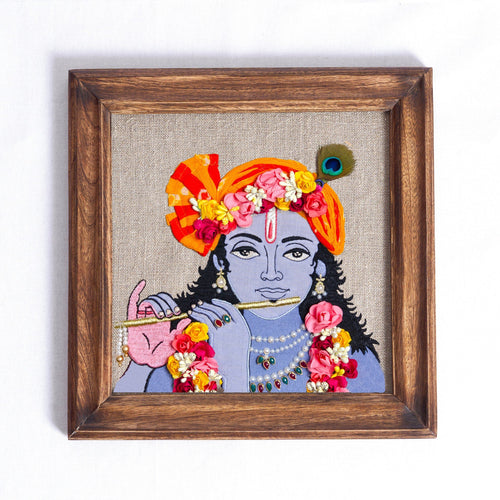KRISHNA WALL ART - on Embroidery Hoop or teak wooden frame, linen with bright colours