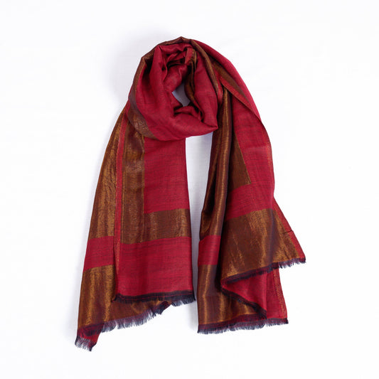 RED fine wool with gold zari scarf, reversible autumn winter stole