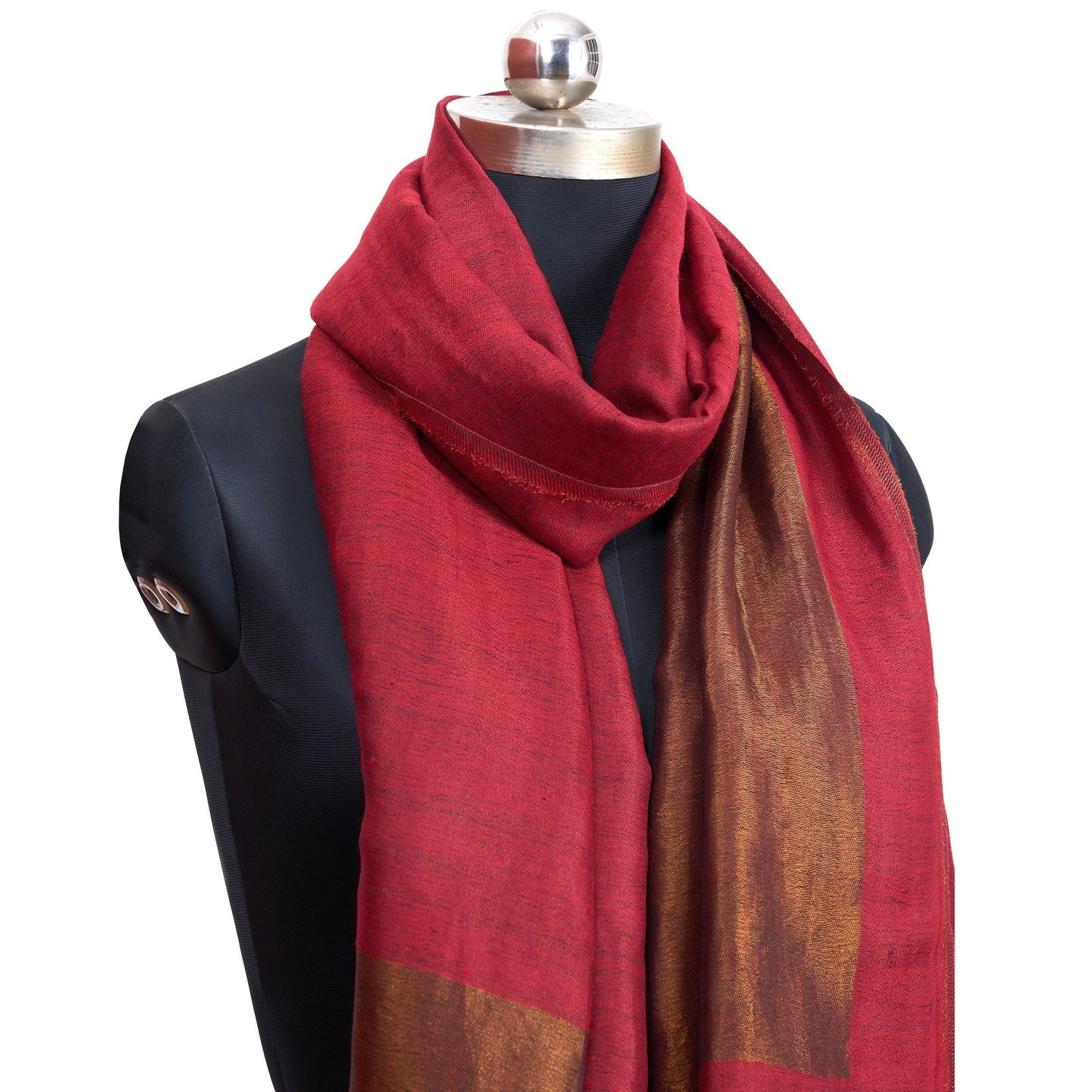 RED fine wool with gold zari scarf, reversible autumn winter stole