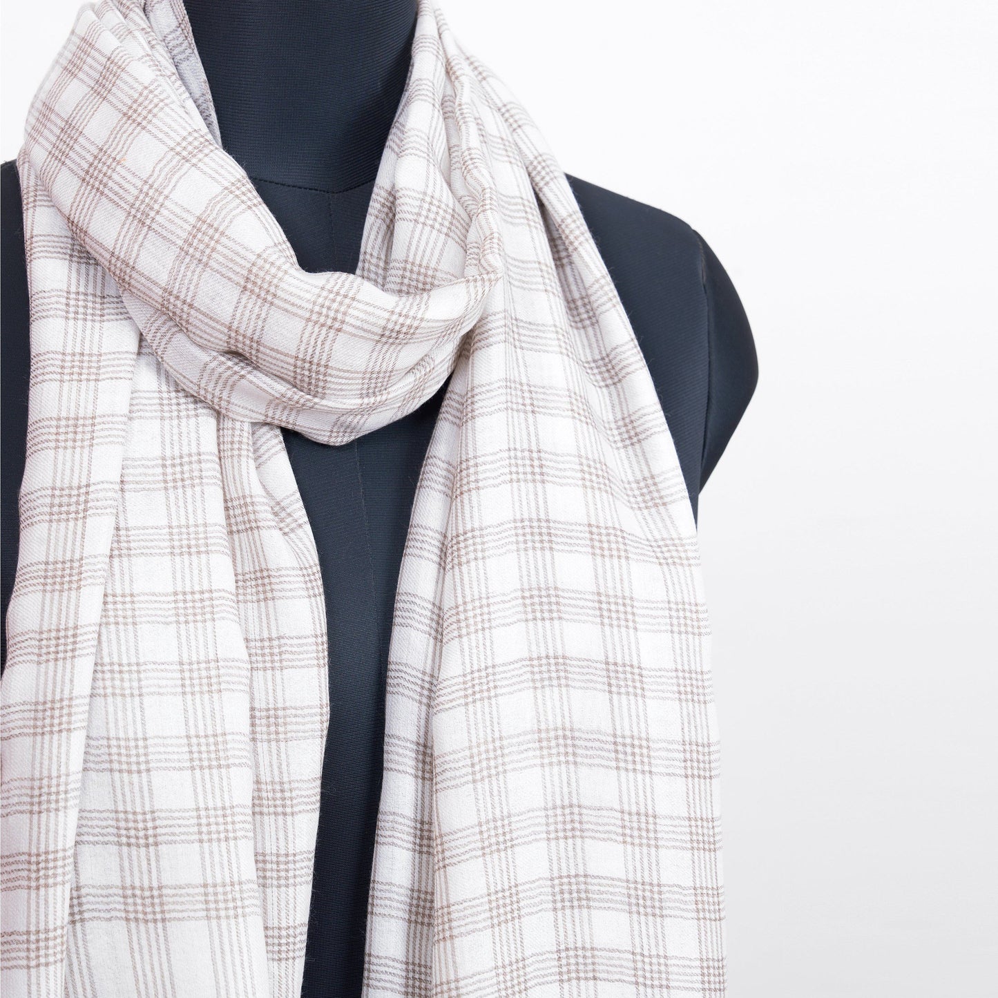 CHECK fine wool blend scarf for men, beige and black colour, reversible, gift for men