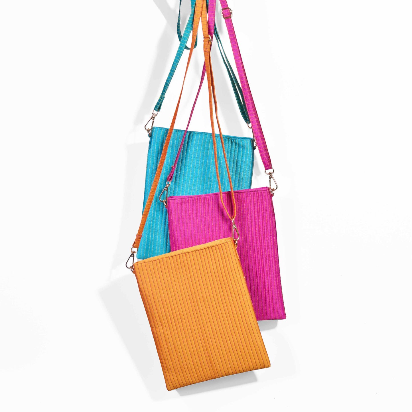 Faux Silk Bright Pink Sling Bag - Quilted, Stripe Pattern – 8x10 Inches | Faux Silk Strap