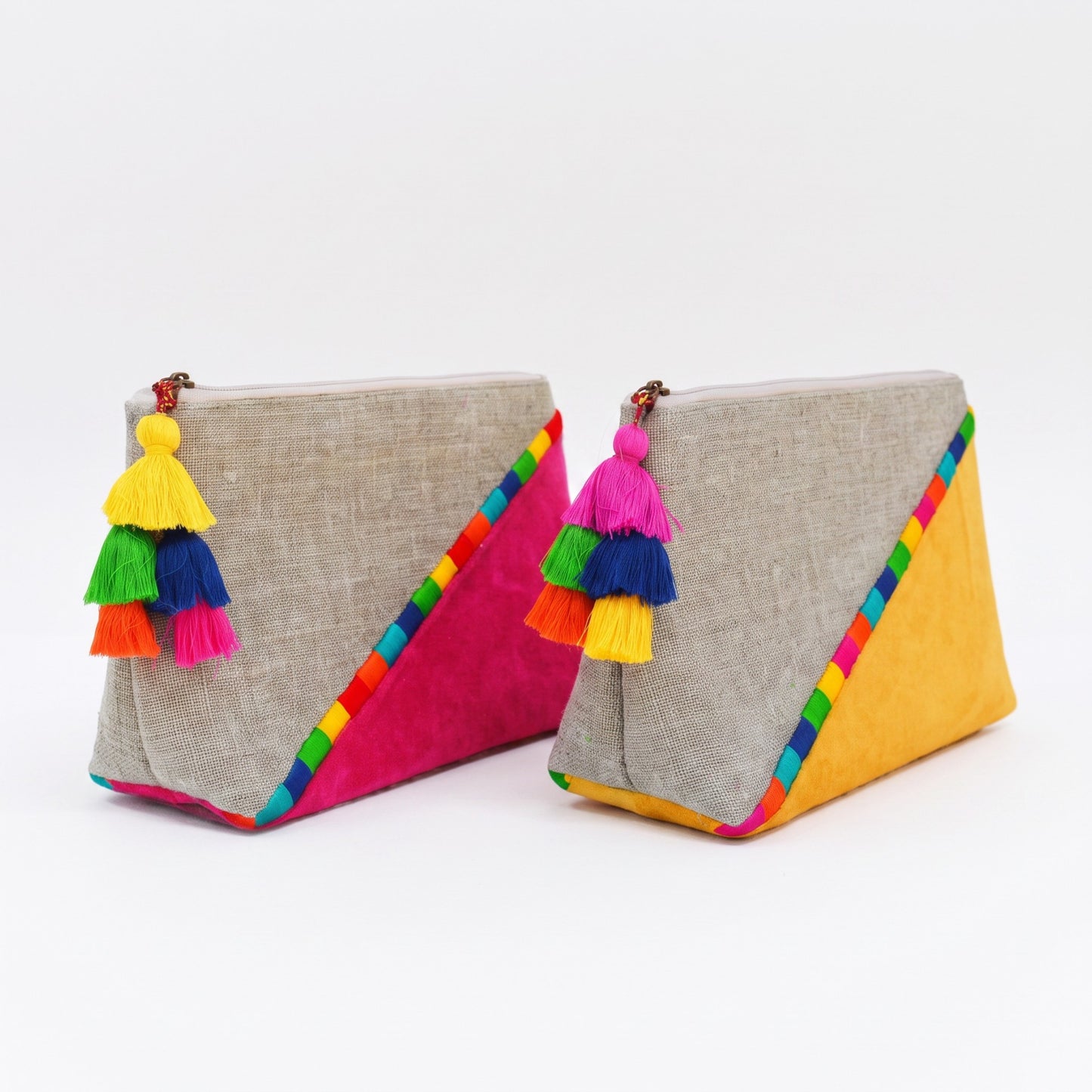 Yellow Colour Block Linen & Velvet Boho Clutch | Embroidered | Handmade Tassel | 9×6"
