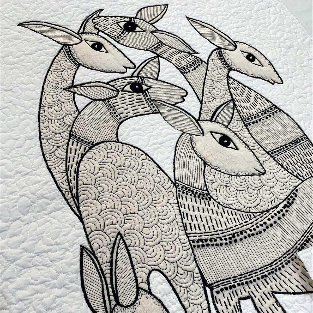 Quilted Textile WALL ART, Gondal art Hiran, black and white, 20X26 inches