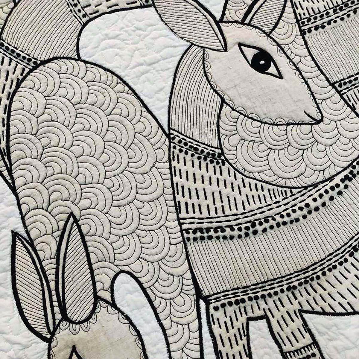 Quilted Textile WALL ART, Gondal art Hiran, black and white, 20X26 inches