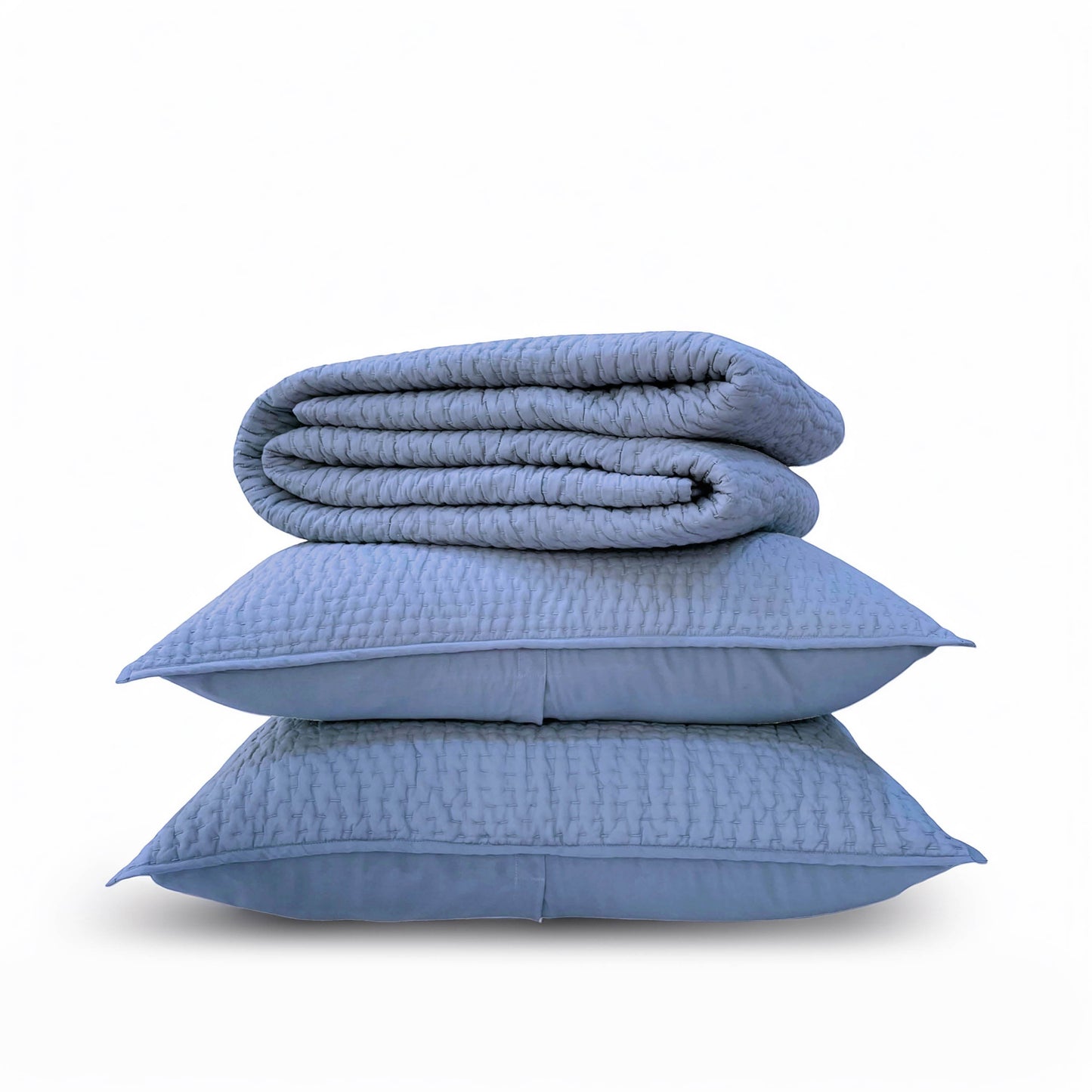 Vliving denim blue cotton voile hand quilted bedding set with stripe pattern and two pillow covers.