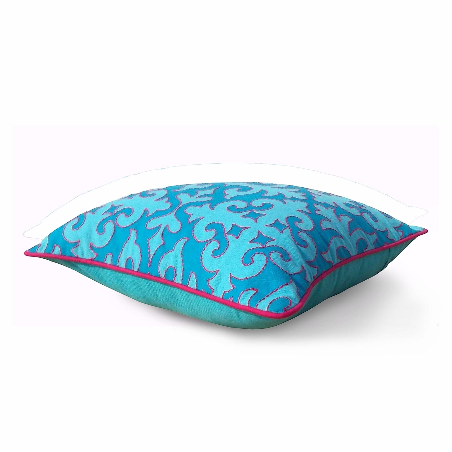 Vliving turquoise cotton bed runner set with oriental Shyrdak pattern and hot pink trim. Includes pillow cover.
