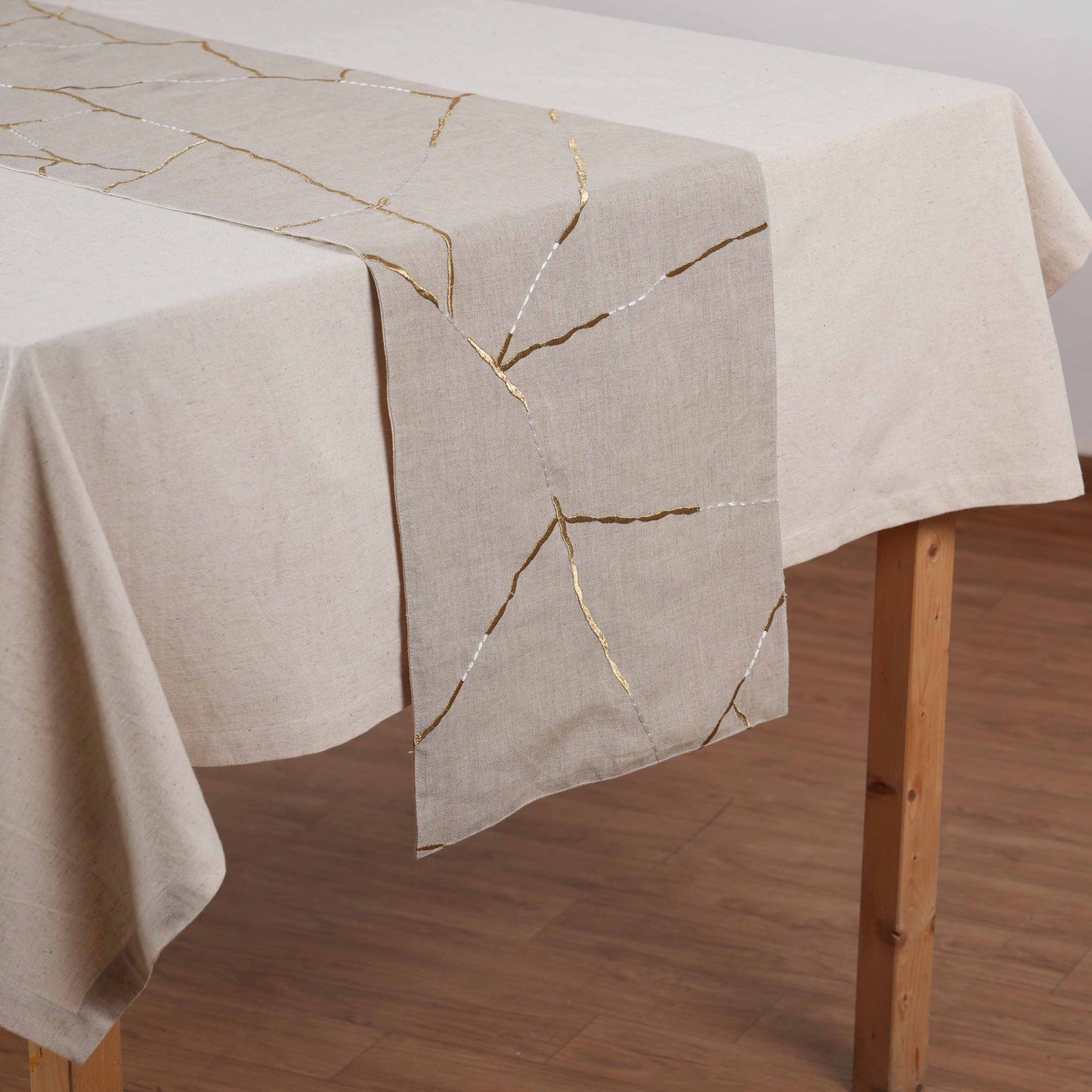 Linen Table Runner – Inspired by Japanese Kintsugi | Gold & White Silk Embroidery