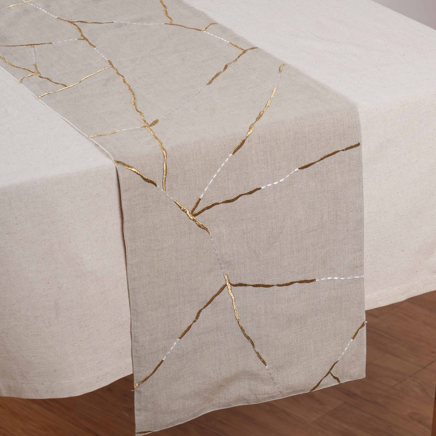 Linen Table Runner – Inspired by Japanese Kintsugi | Gold & White Silk Embroidery
