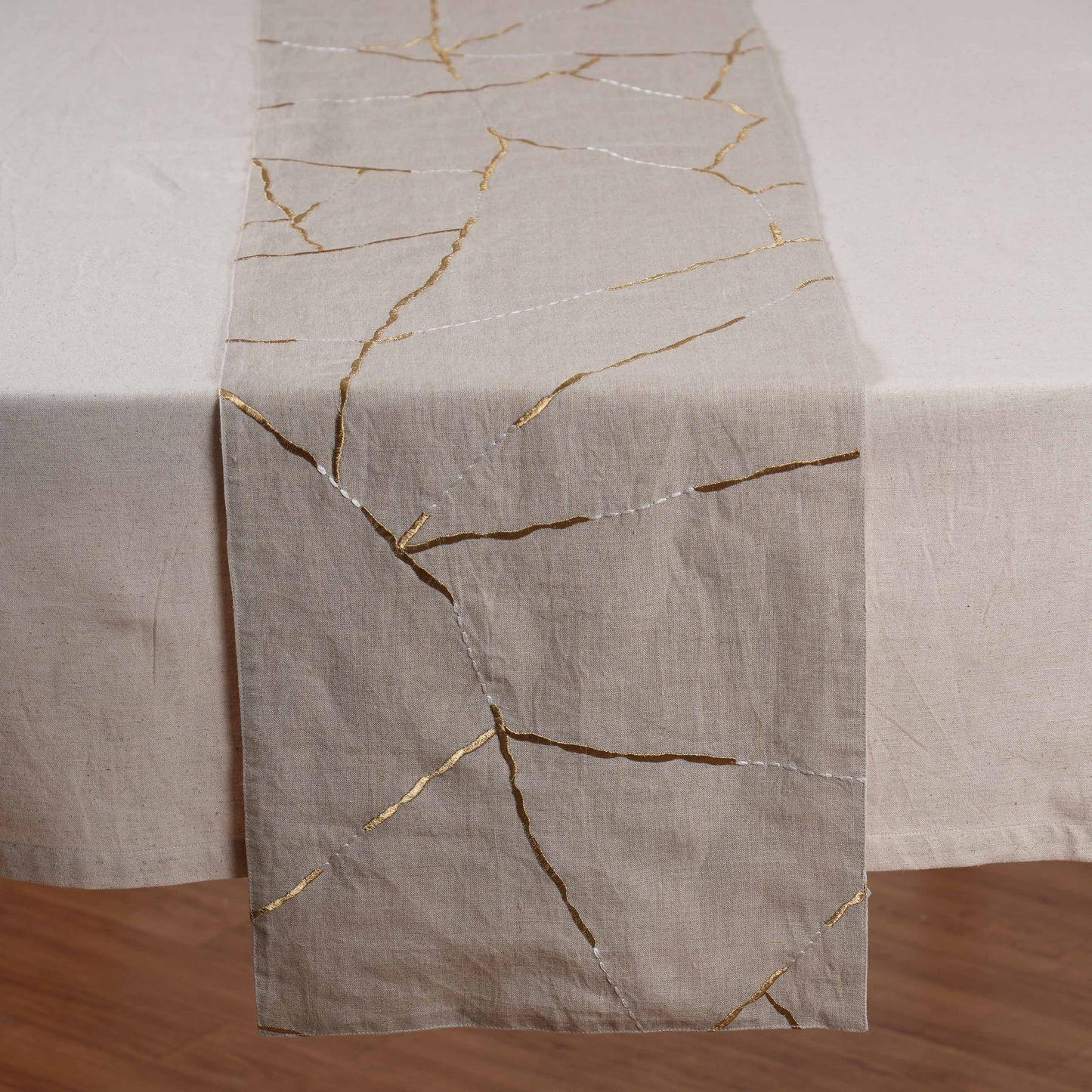 Linen Table Runner – Inspired by Japanese Kintsugi | Gold & White Silk Embroidery