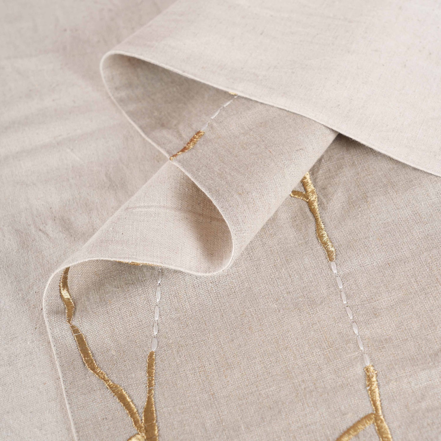 Linen Table Runner – Inspired by Japanese Kintsugi | Gold & White Silk Embroidery
