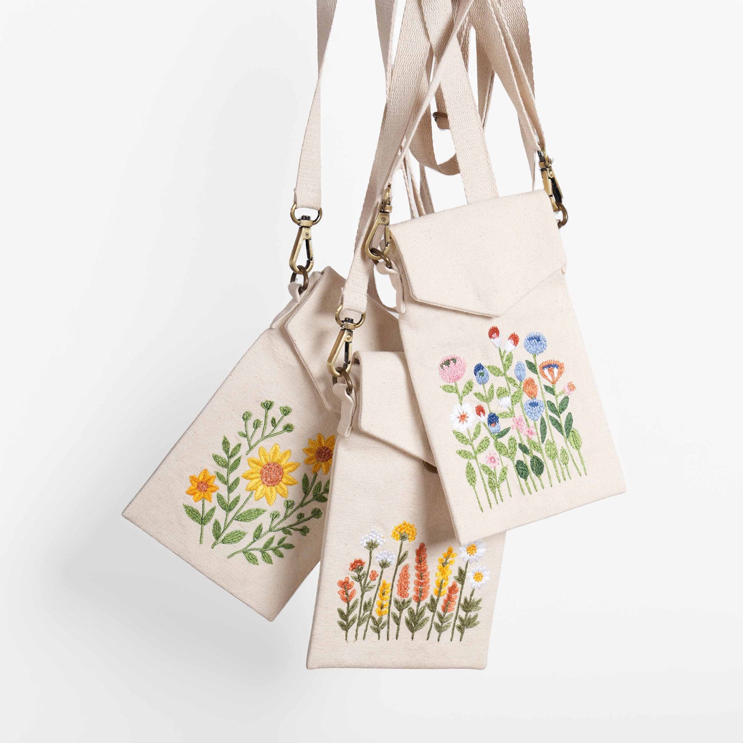 FALL FLOWERS Embroidered Canvas Sling Bag – 5X8 inches - Compact Crossbody with Zip Pocket