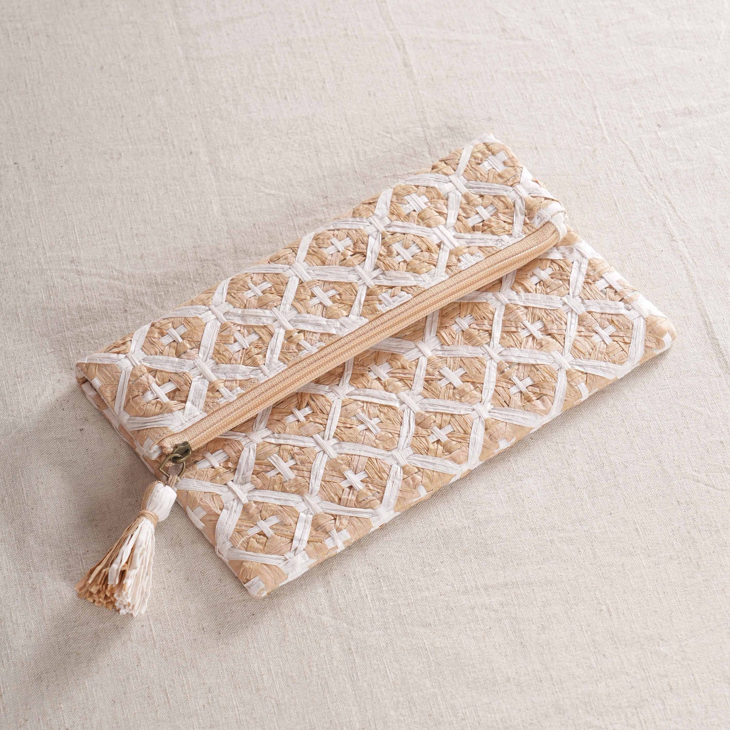 FAUX RAFFIA Foldover Clutch – Hand Interlaced Wicker Weave of Cross Pattern | 6.5” x 10”