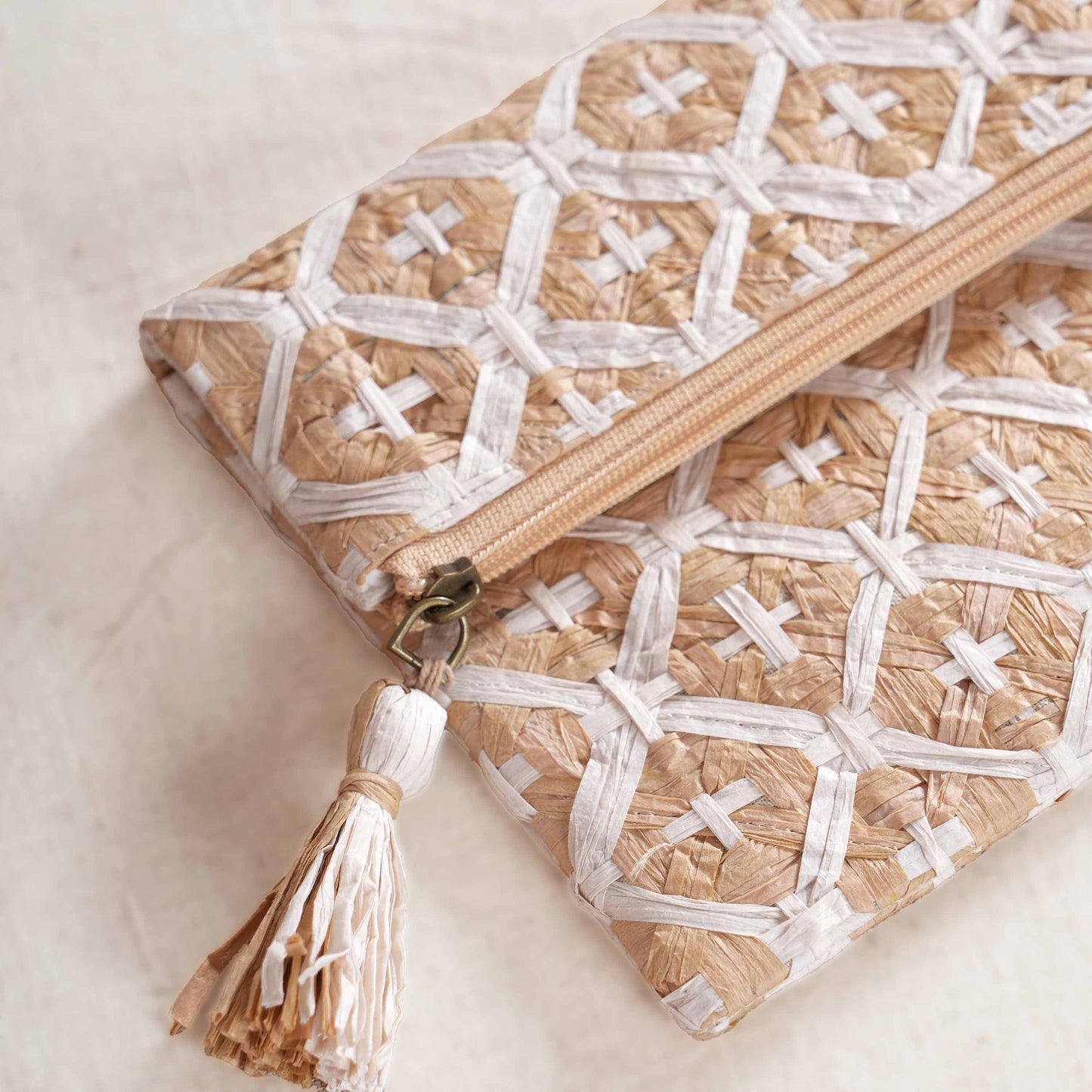 FAUX RAFFIA Foldover Clutch – Hand Interlaced Wicker Weave of Cross Pattern | 6.5” x 10”