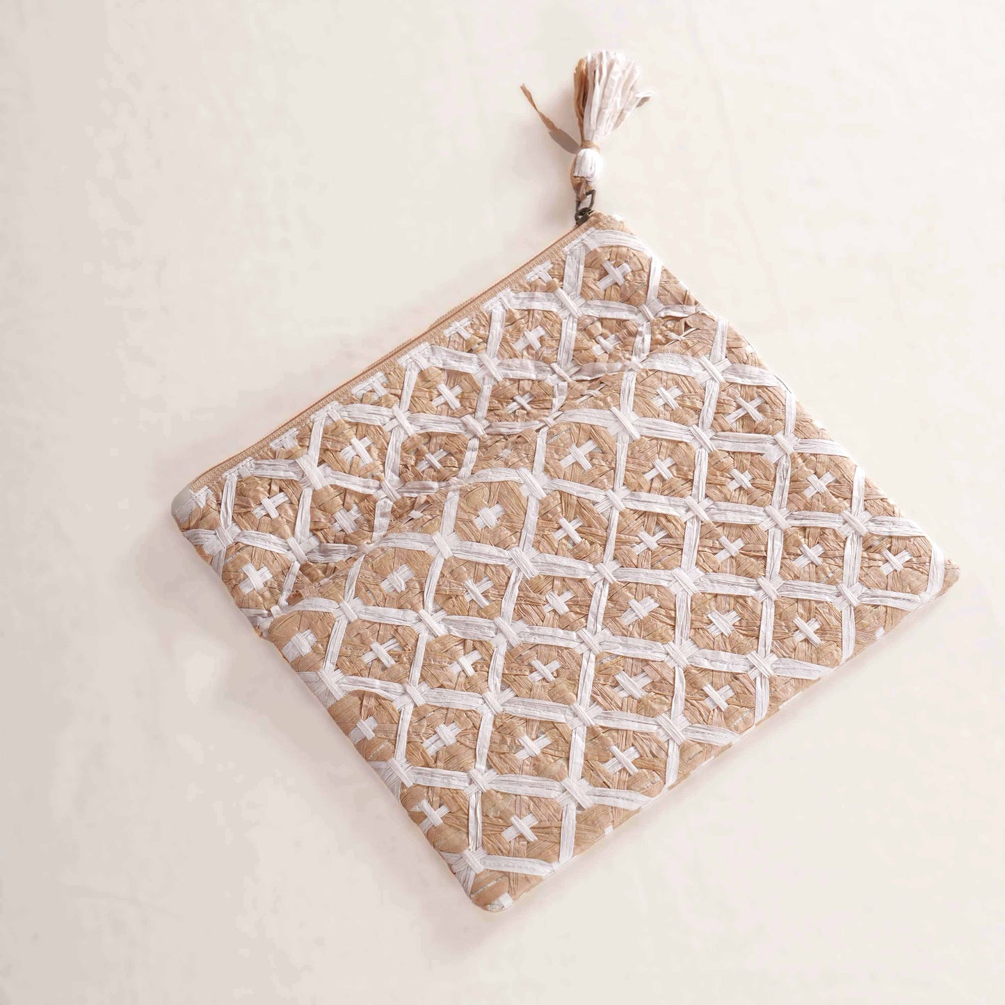 FAUX RAFFIA Foldover Clutch – Hand Interlaced Wicker Weave of Cross Pattern | 6.5” x 10”