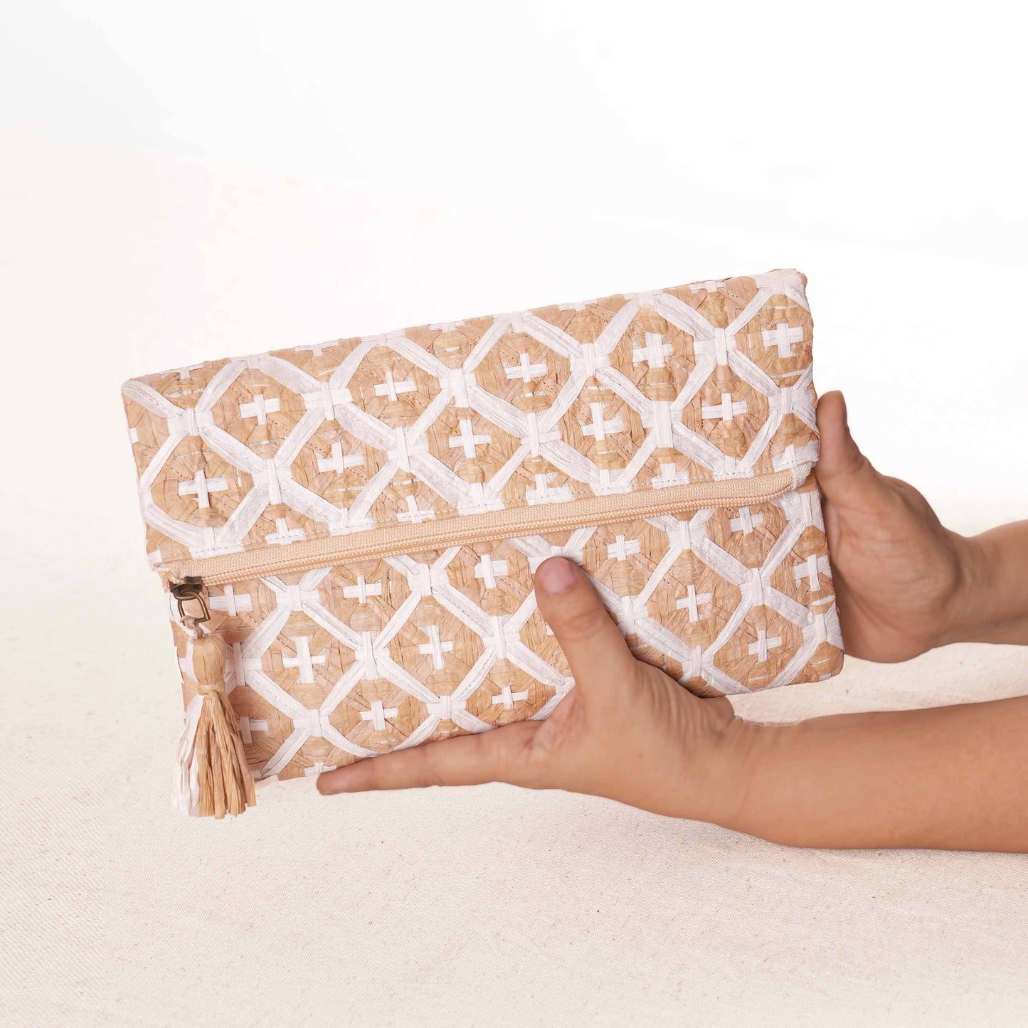 FAUX RAFFIA Foldover Clutch – Hand Interlaced Wicker Weave of Cross Pattern | 6.5” x 10”