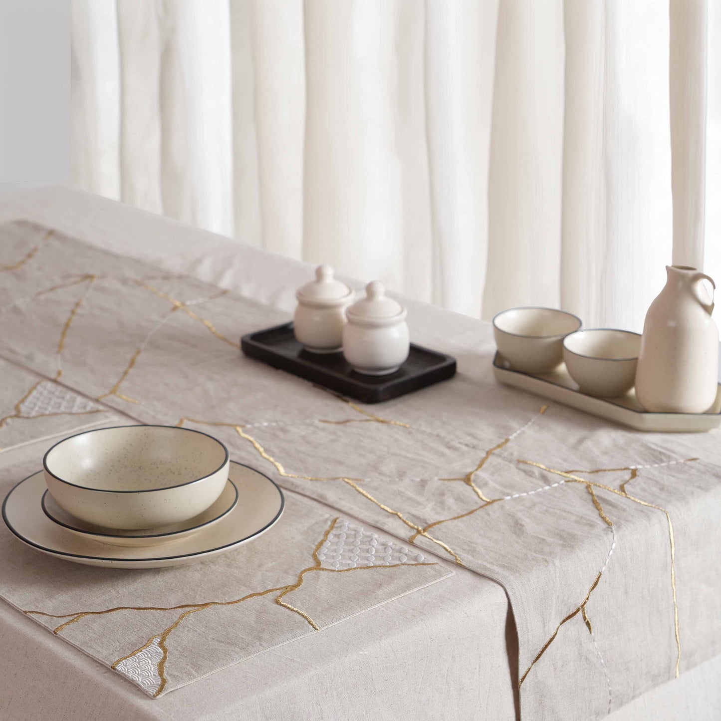 Linen Table Runner – Inspired by Japanese Kintsugi | Gold & White Silk Embroidery