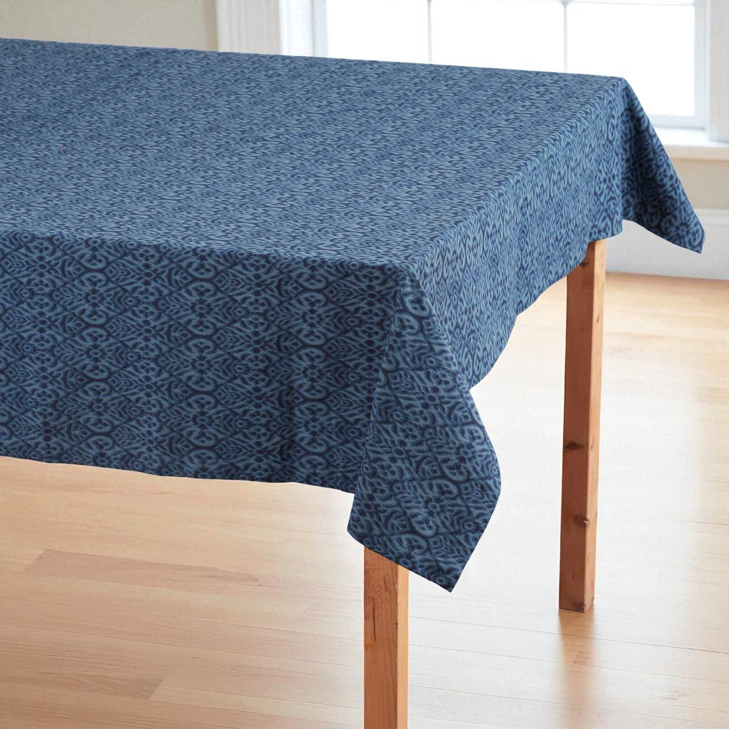 Ikat Print Indigo Blue Cotton Duck Tablecloth – Multiple Sizes