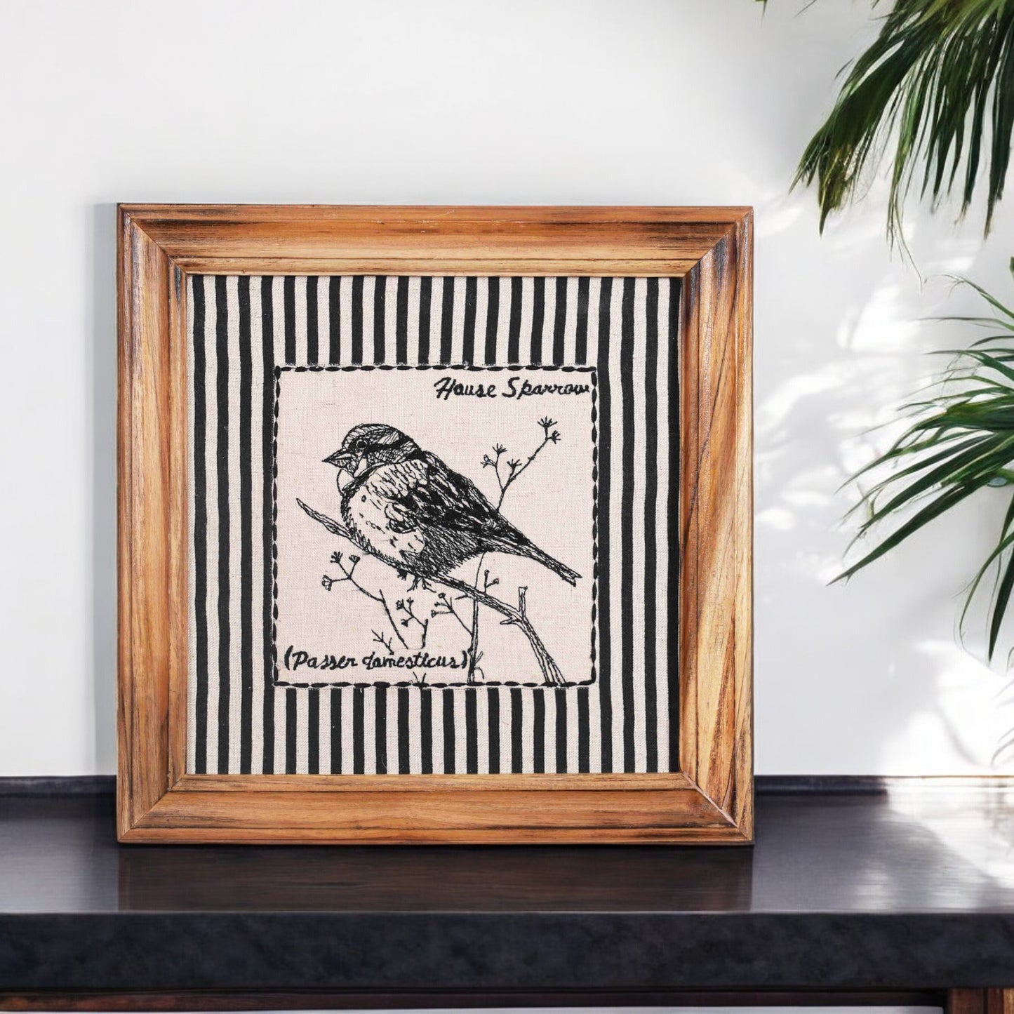 BOTANICAL - HOUSE SPARROW wall art with teak wooden frame, 12X12 inches