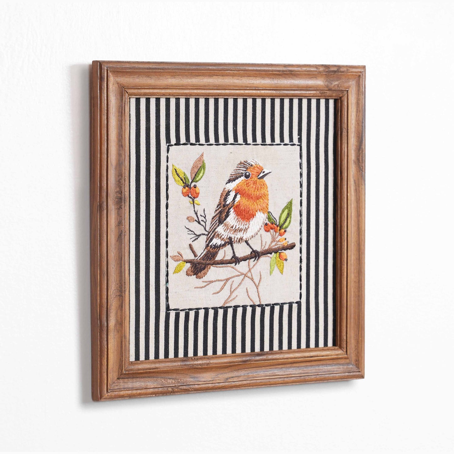 BOTANICAL - ORANGE BIRD wall art with teak wooden frame, 12X12 inches